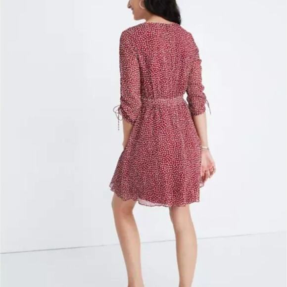 Madewell Red Floral Mini Dress Size 4 V-Neck Ruched Sleeves Lined Flowy Fit - Picture 2 of 9